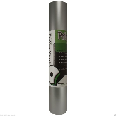 Rolo de vinil plotter cinza com rótulo branco e verde