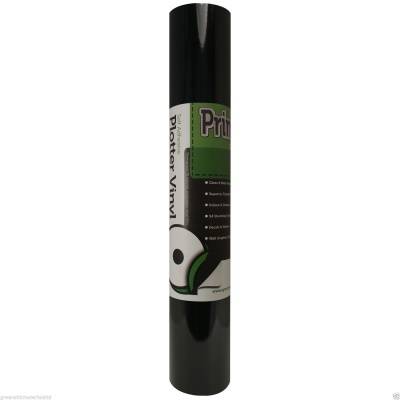 Rolo de vinil preto com etiqueta branca e verde