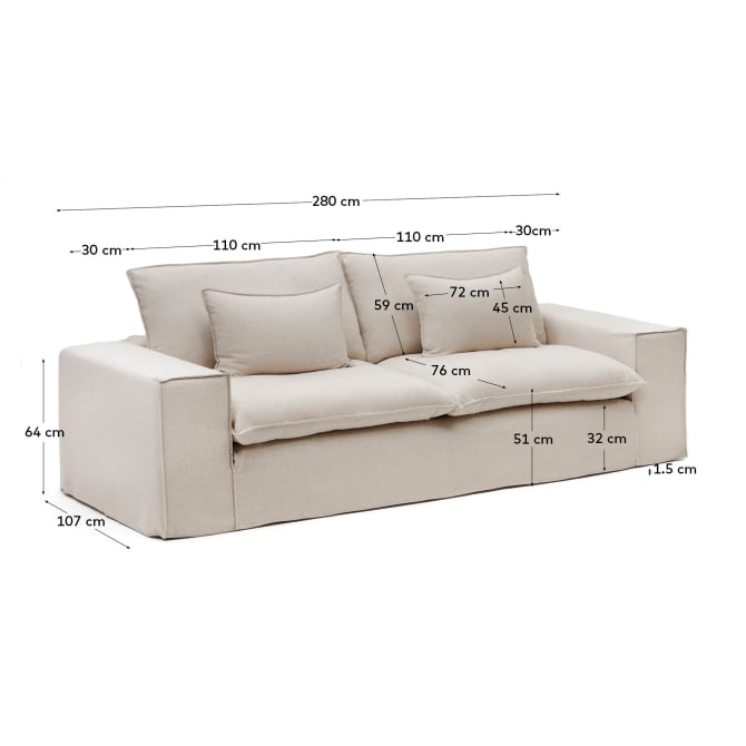 Sofá Anari, 3 lugares, estofado, linho, bege Sofá beige de dois lugares com almofadas e medidas em centímetros