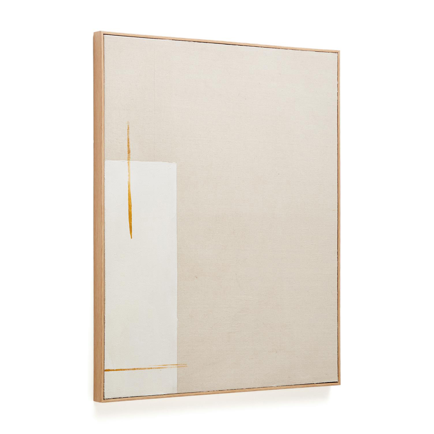 Quadro Savina, madeira/linho, bege, 80x100 Quadro decorativo minimalista em tons beje, branco e dourado com moldura em madeira clara