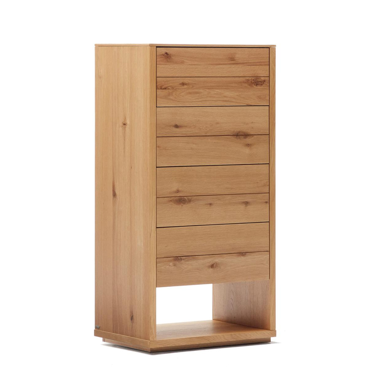 Cómoda Alguam, madeira carvalho, 60x120 Cômoda alta de madeira clara com seis gavetas e espaço aberto inferior