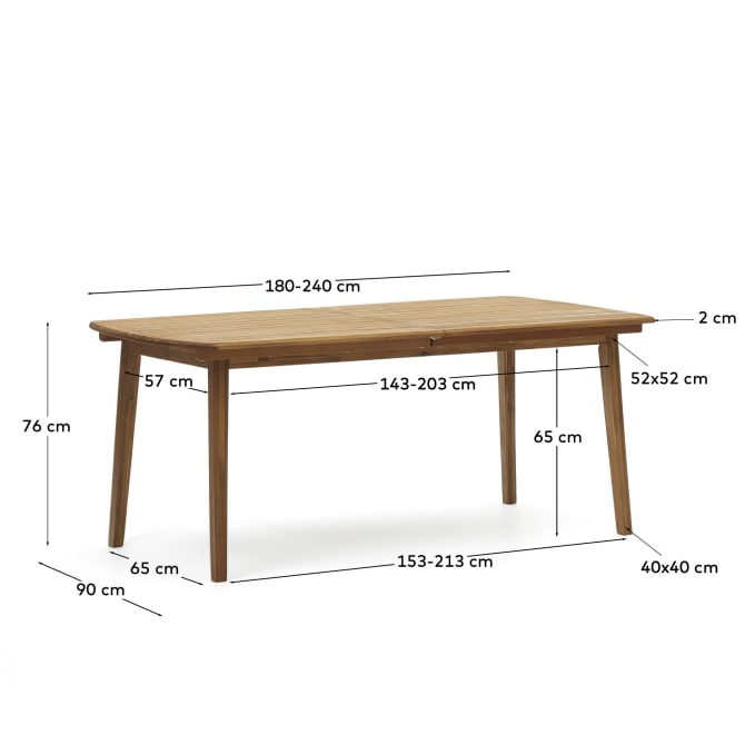 Mesa extensível Thian, exterior, madeira acácia Mesa retangular de madeira com quatro pernas e várias medidas indicadas
