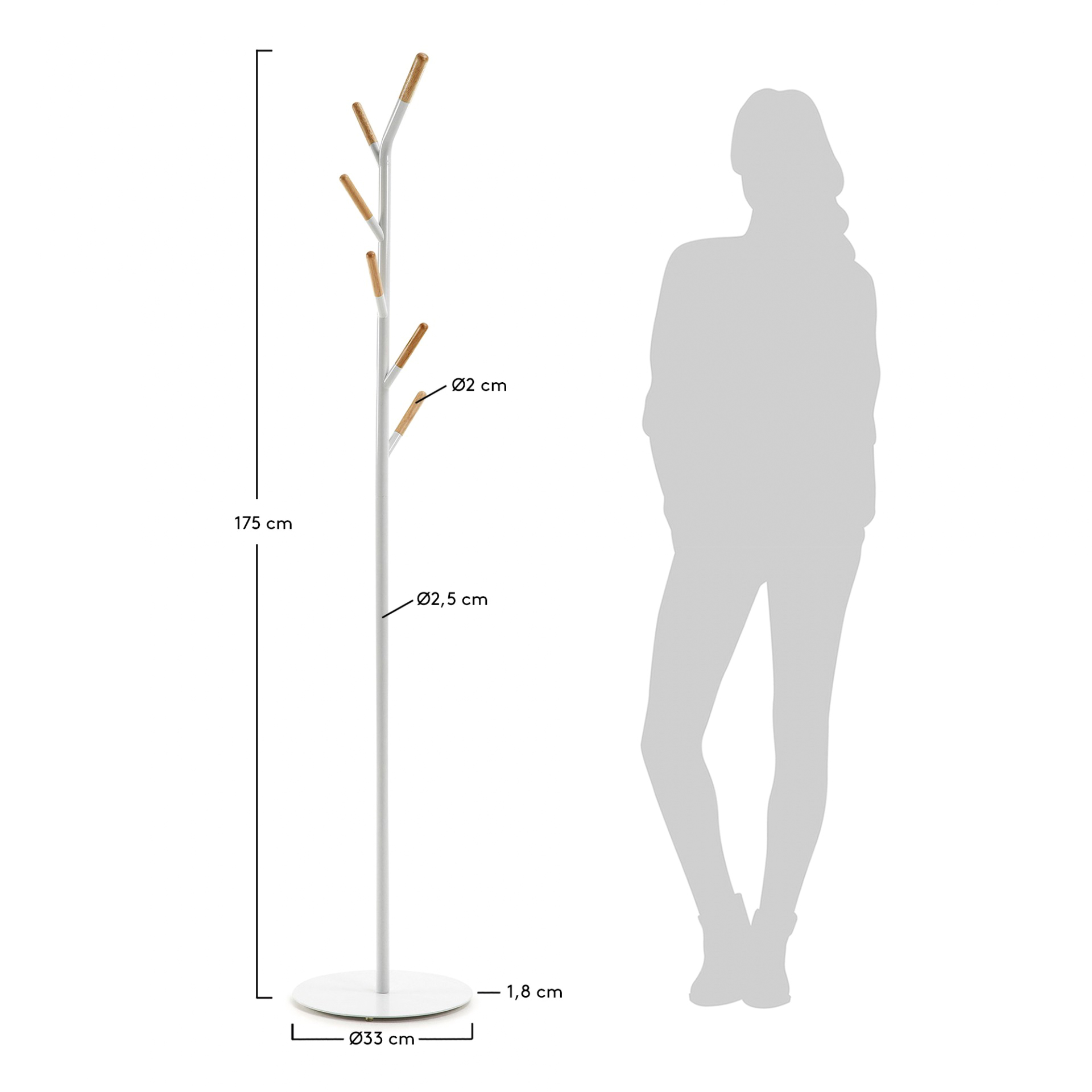 Cabide de pé Nero, metal/madeira, 175cm Cabideiro de pé branco com ganchos em madeira clara e base redonda