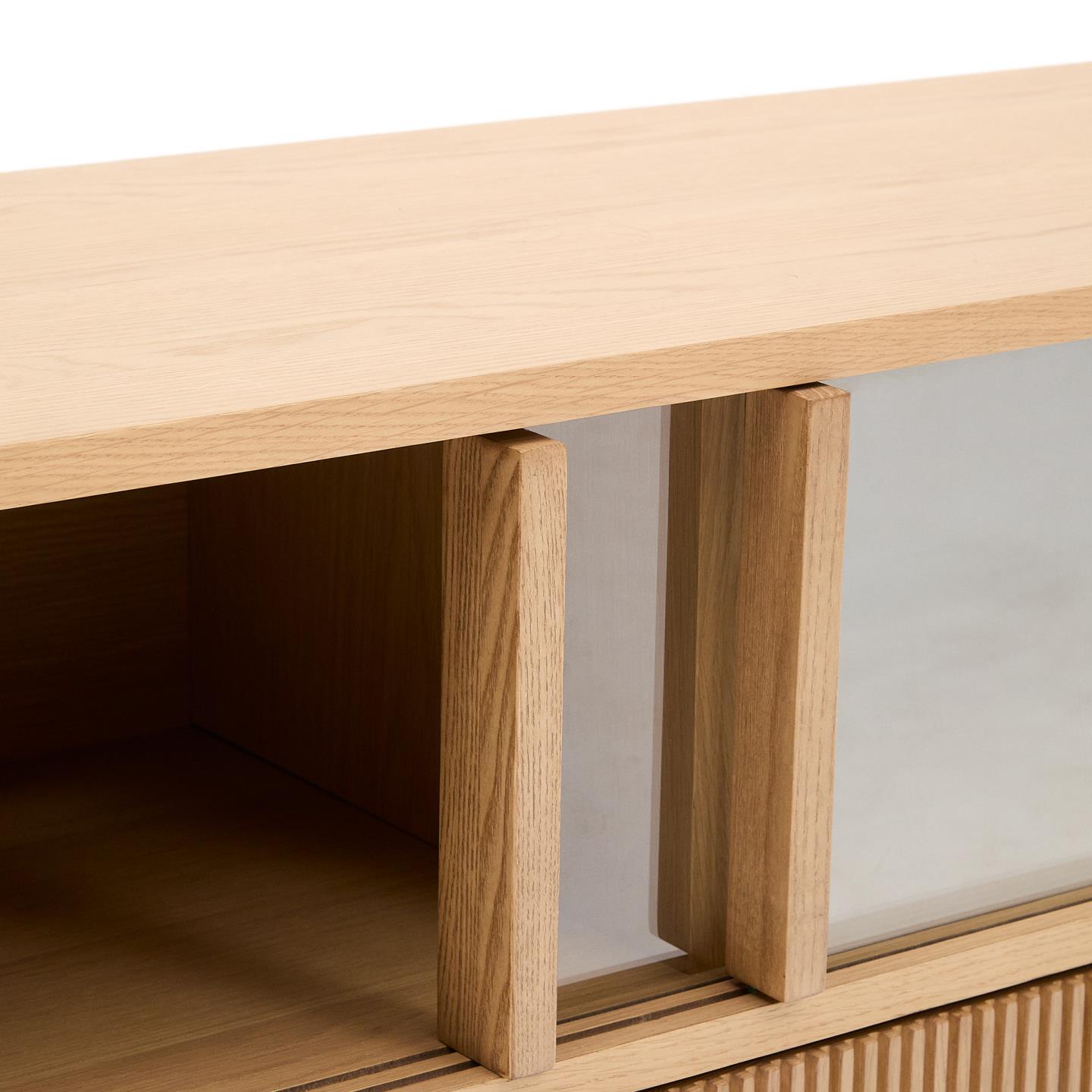 Móvel TV Helvi, madeira carvalho/vidro, 200x54 Móvel de madeira clara com portas em painéis cinza claro