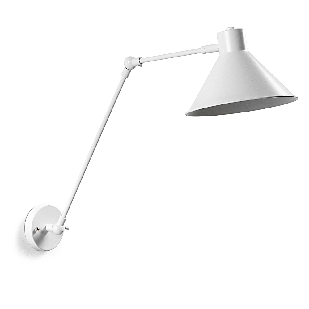 Aplique de Parede Articulado Metal Danone Lâmpada de parede articulada branca com braço móvel e cúpula cônica