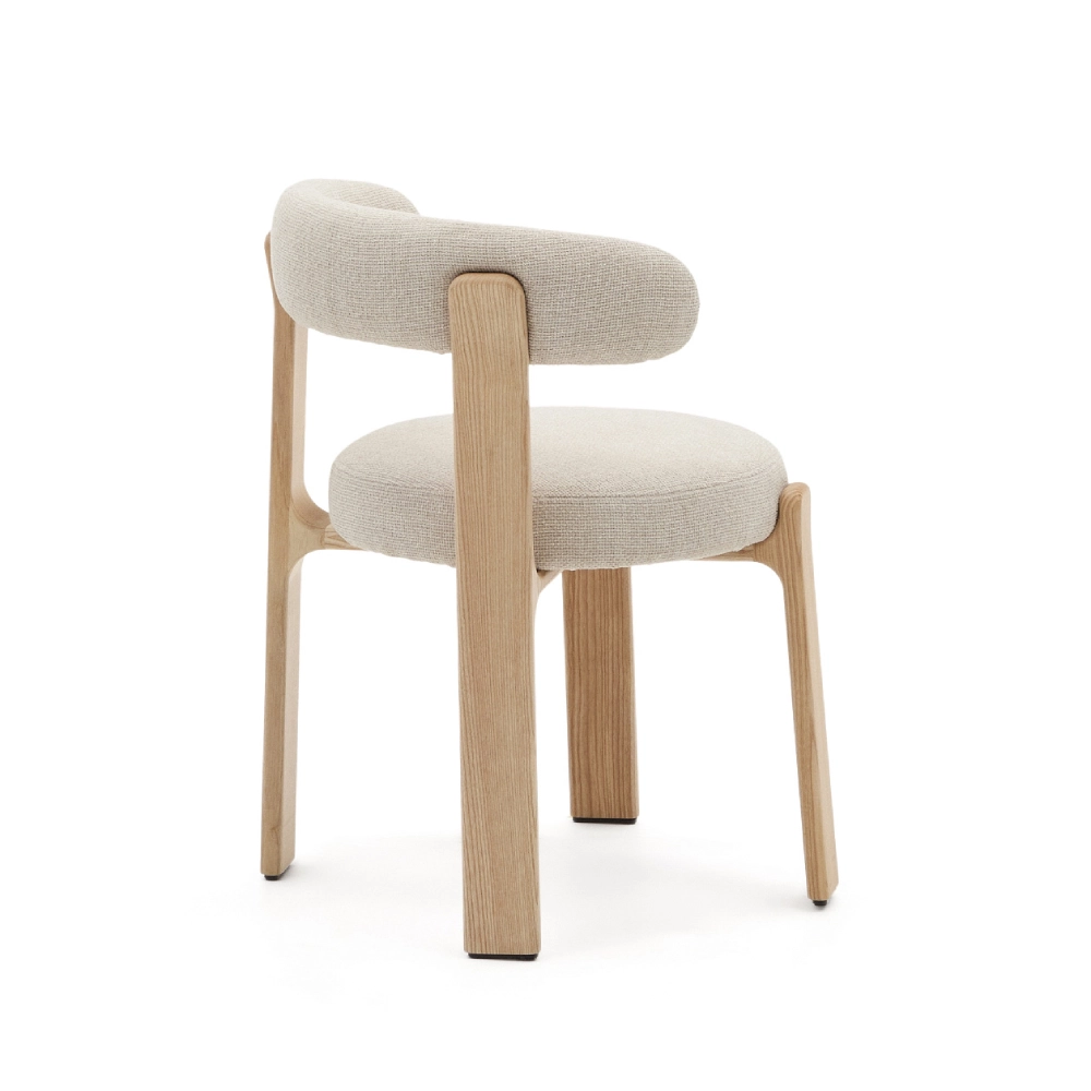 Cadeira em madeira de freixo estofada chenille Grani Cadeira de jantar em madeira clara e tecido bege