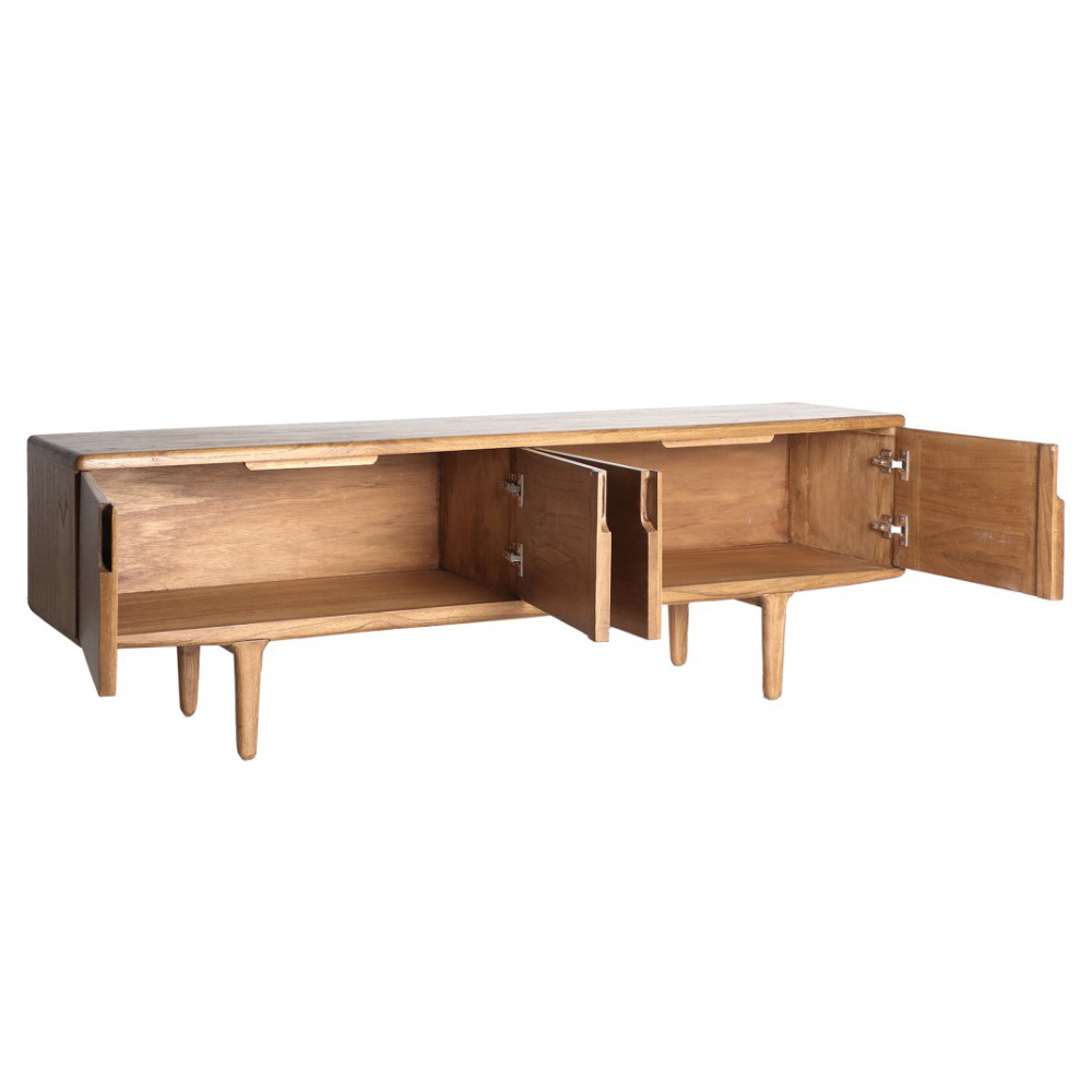 Móvel TV em madeira mindi Slough 190x59 Móvel de madeira clara com três portas abertas e pernas cónicas