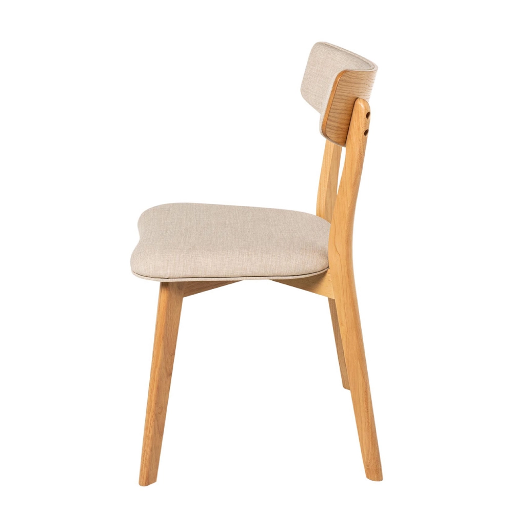 Cadeira estofada bege em carvalho Anais Cadeira de madeira clara com assento e encosto estofados bege vista lateral