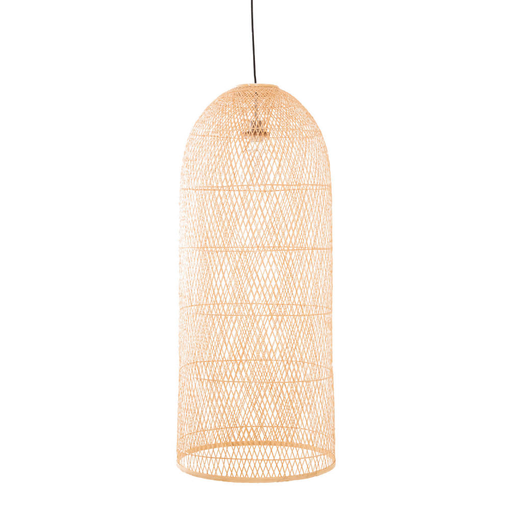 Candeeiro de Teto em Bambu Cap Large Ø48x110 Luminária pendente cilíndrica em arame metálico bege com padrão de malha entrelaçada