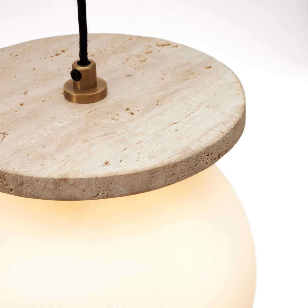 Candeeiro de Teto em Vidro Fosco Malaci Ø20x20 Candeeiro suspenso com cúpula de vidro e suporte de pedra natural.