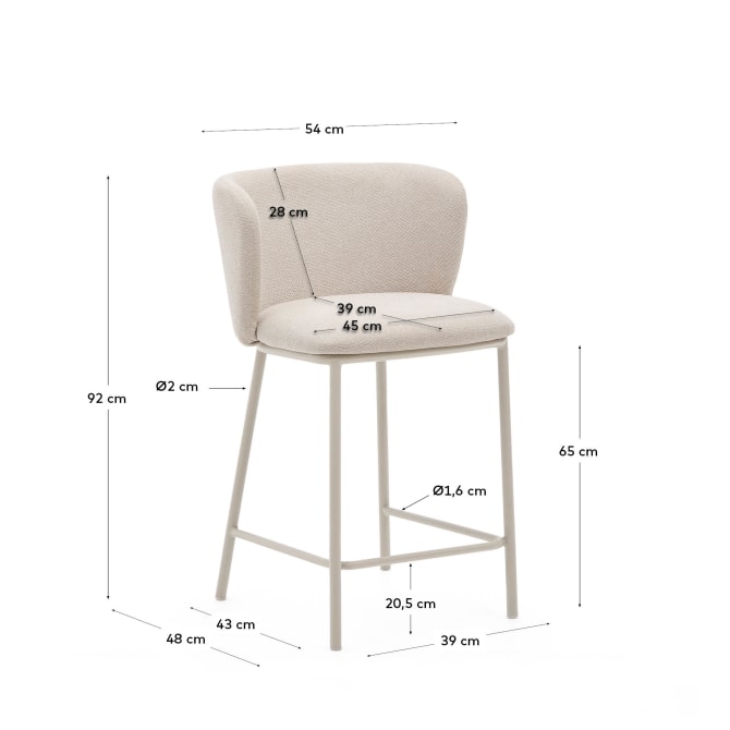 Cadeira alta Cilia, estofada, chenille, bege, 65cm Cadeira alta estofada bege com estrutura metálica e medidas em centímetros.