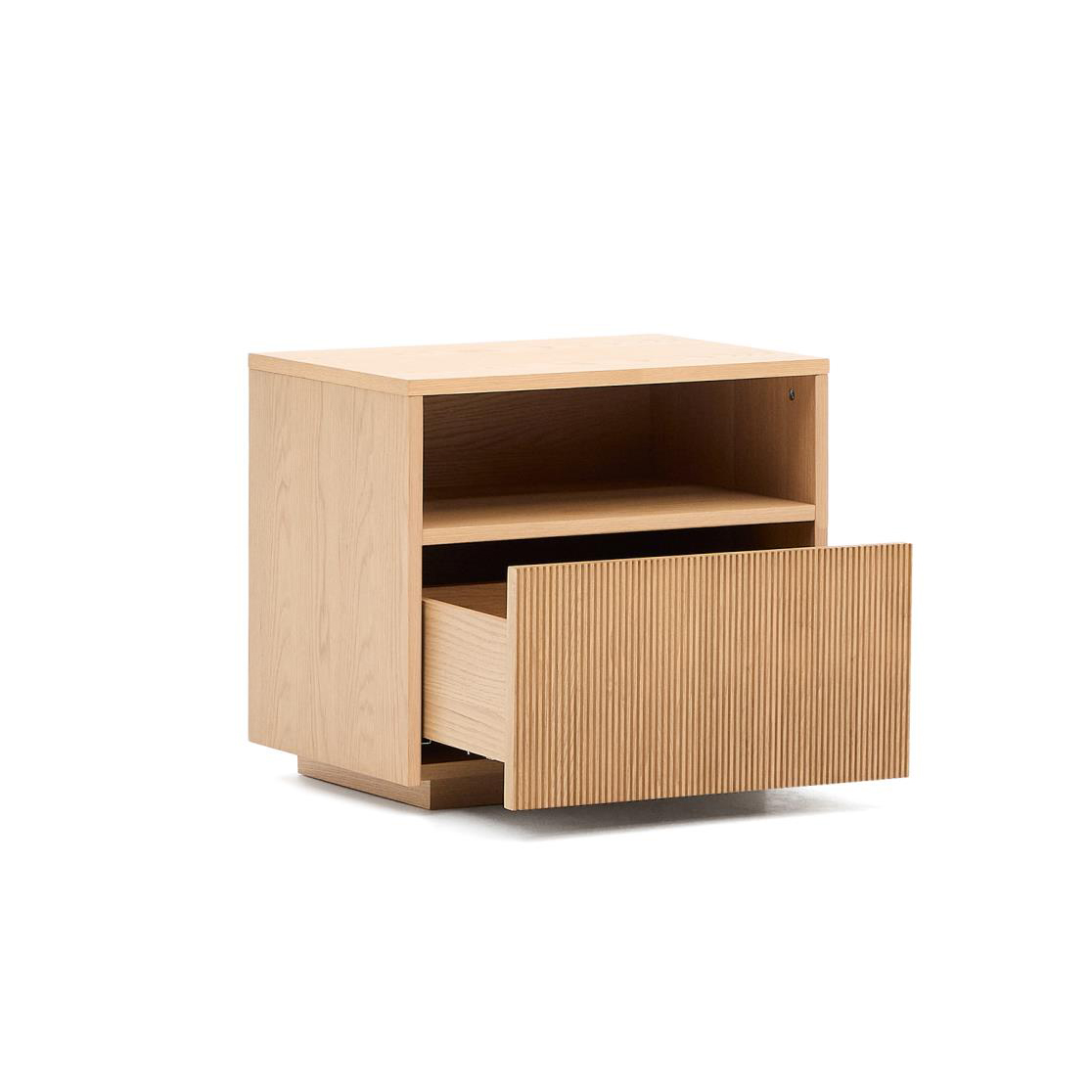 Mesa de cabeceira Helvi, madeira carvalho, 60x52 Mesa de cabeceira em madeira clara com gaveta e textura vertical