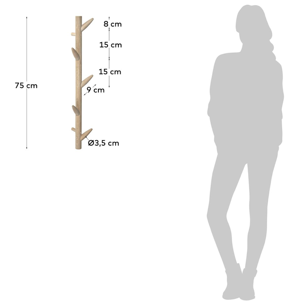 Cabide de parede Nattan, madeira bétula, 75cm Cabide de parede em madeira clara com cinco ganchos e medidas