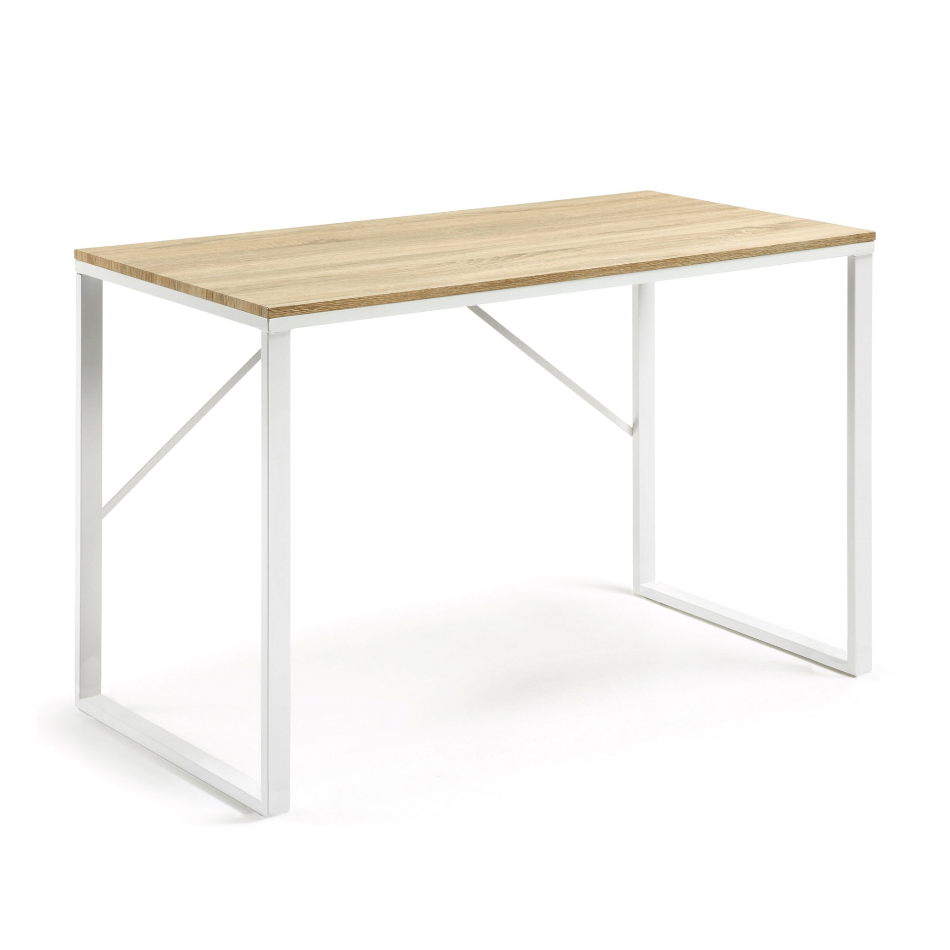 Secretária Talba, MDF/metal, 120x60 Mesa retangular com tampo em madeira clara e estrutura metálica branca