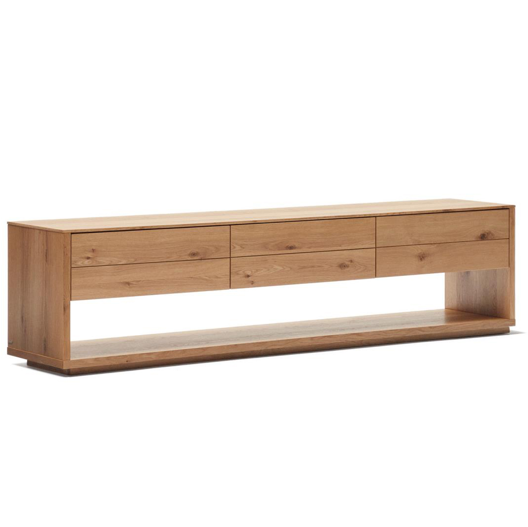 Móvel TV Alguam, madeira carvalho, 200x50 Móvel baixo em madeira natural com três gavetas horizontais