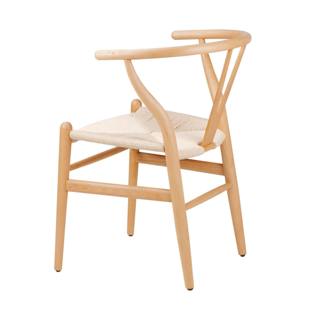 Cadeira com braços em madeira faia Wishbone Cadeira de madeira clara com assento em corda trançada branca