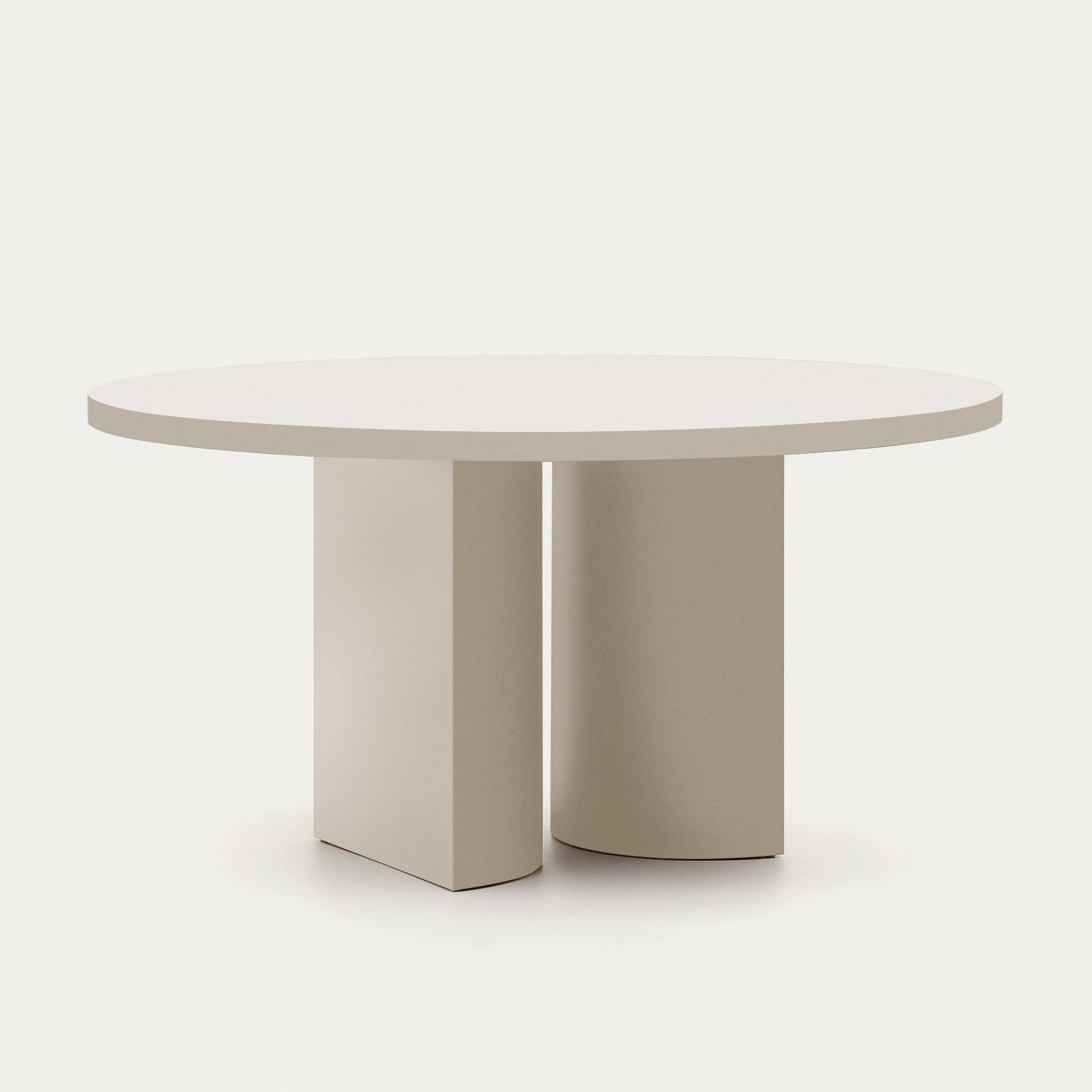 Mesa redonda Nely, MDF, branco, Ø150X75 Mesa de centro redonda creme com base geométrica em fundo claro