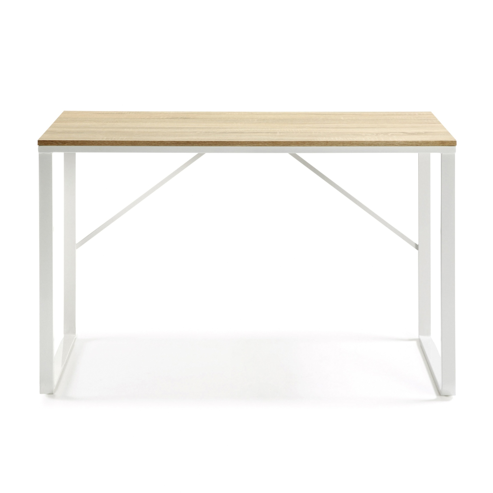 Secretária Talba, MDF/metal, 120x60 Mesa retangular com tampo de madeira clara e estrutura metálica branca