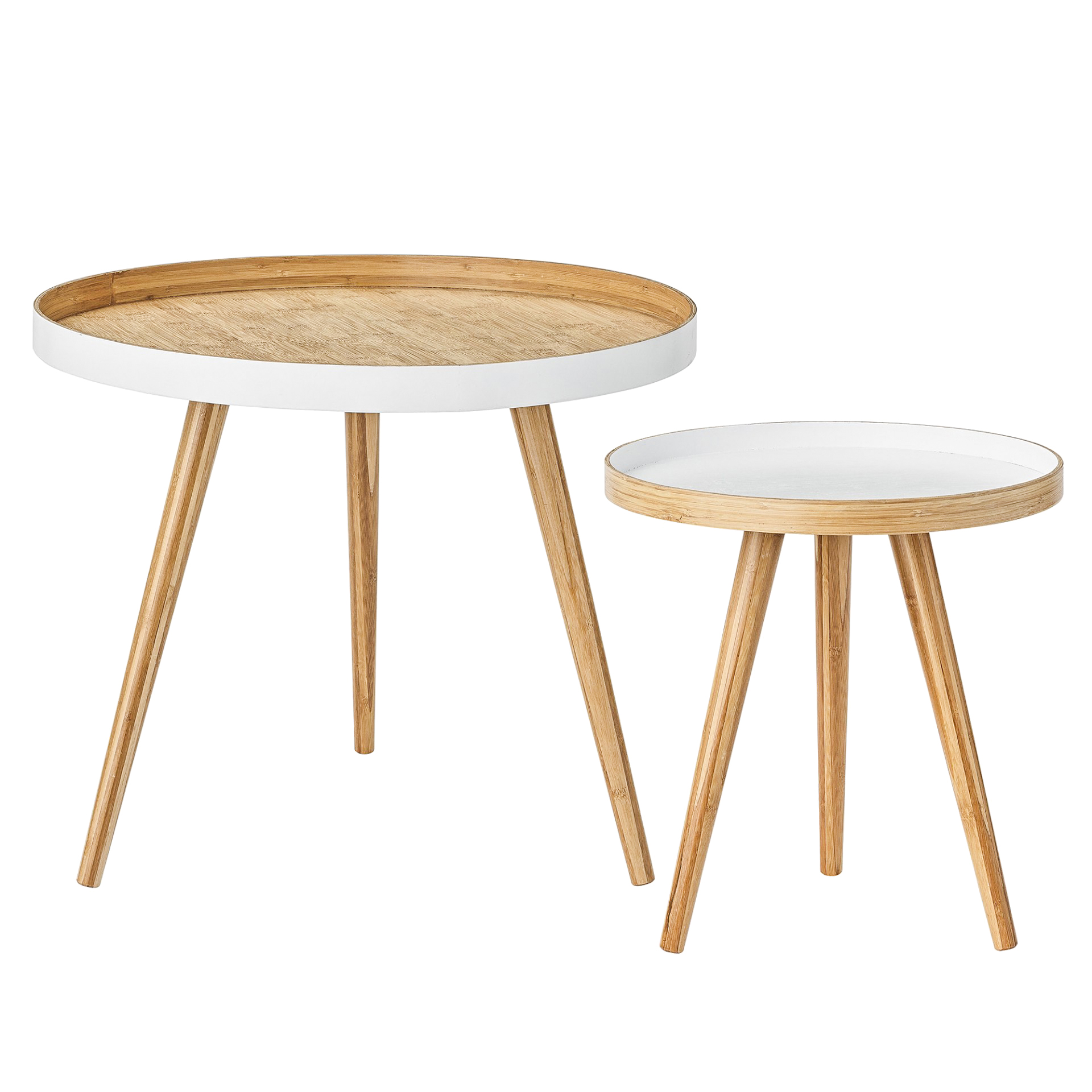 Mesas de apoio Cappuccino, madeira bambu, (Conj.2) Duas mesas redondas de apoio com tampo em madeira clara e borda branca