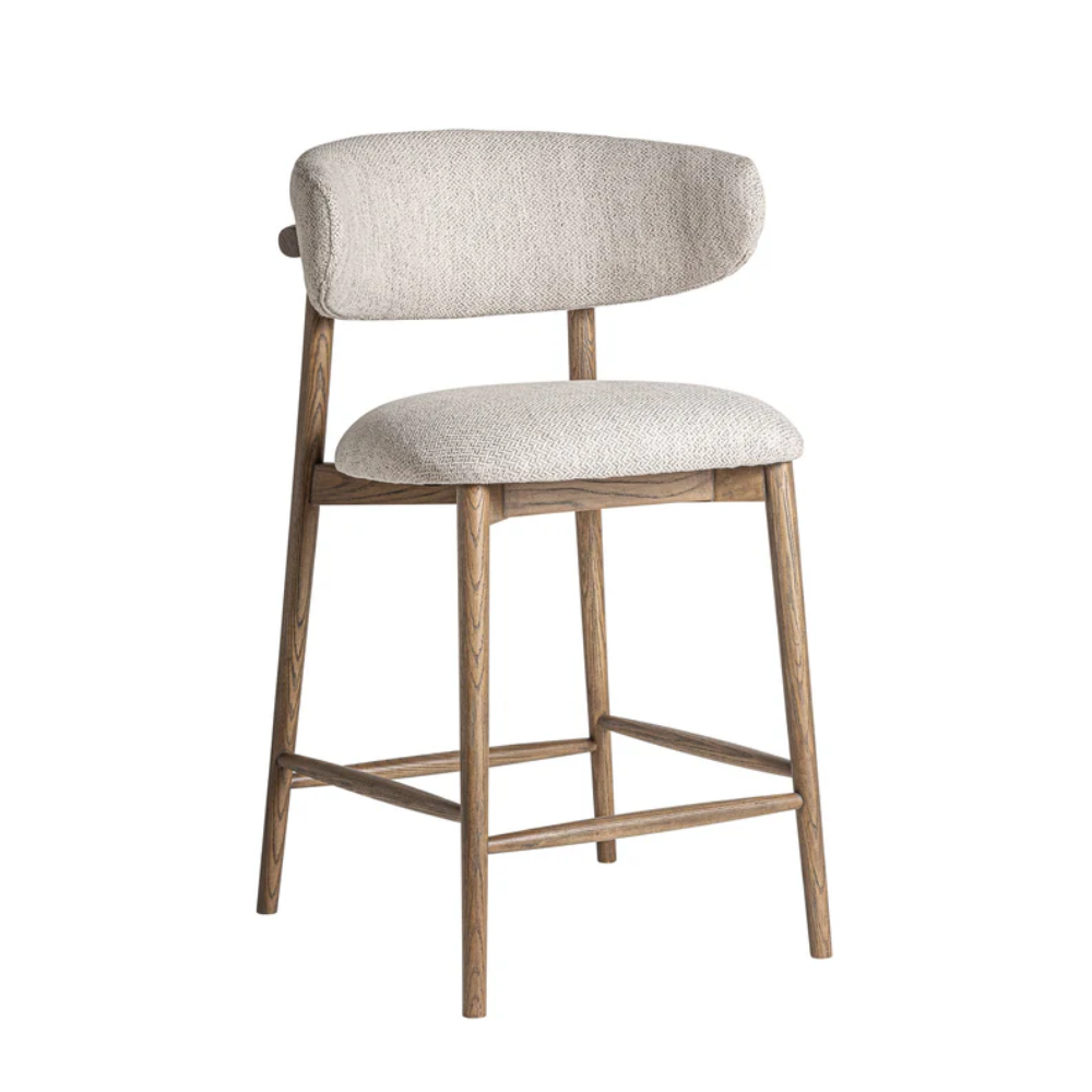 Cadeira alta estofada bege madeira de freixo Laires 68cm Cadeira alta em madeira com assento e costas estofados cinza claro