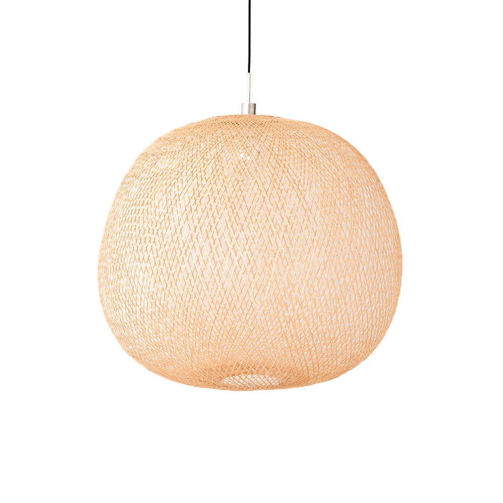 Candeeiro de teto Plum em Bambu Natural Candeeiro suspenso redondo bege claro com fios entrelaçados e cabo preto