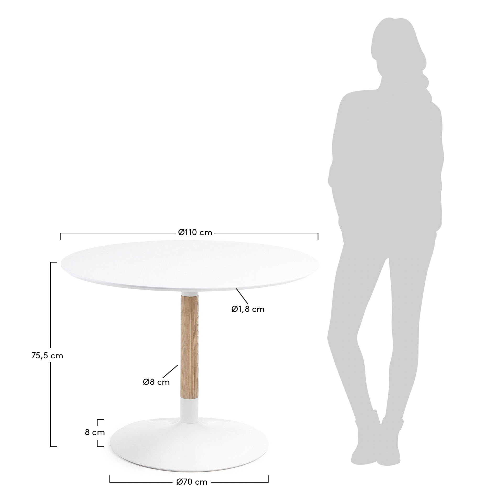 Mesa de jantar Brick, madeira de freixo/lacado, Ø110x75 Mesa redonda branca com pé central de madeira e base branca, com medidas anotadas.