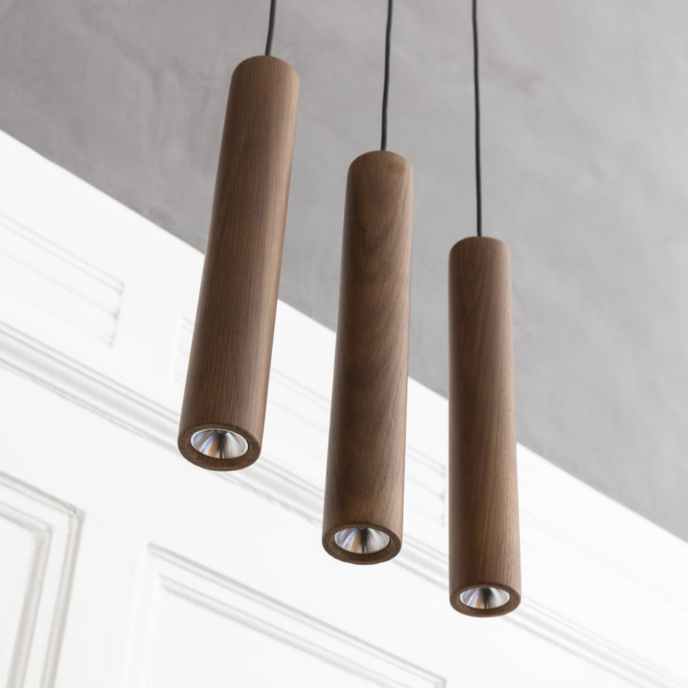 Candeeiro de Teto Chimes em Madeira de Carvalho – 22 cm Lâmpadas suspensas cilíndricas em madeira castanha clara com cabos pretos