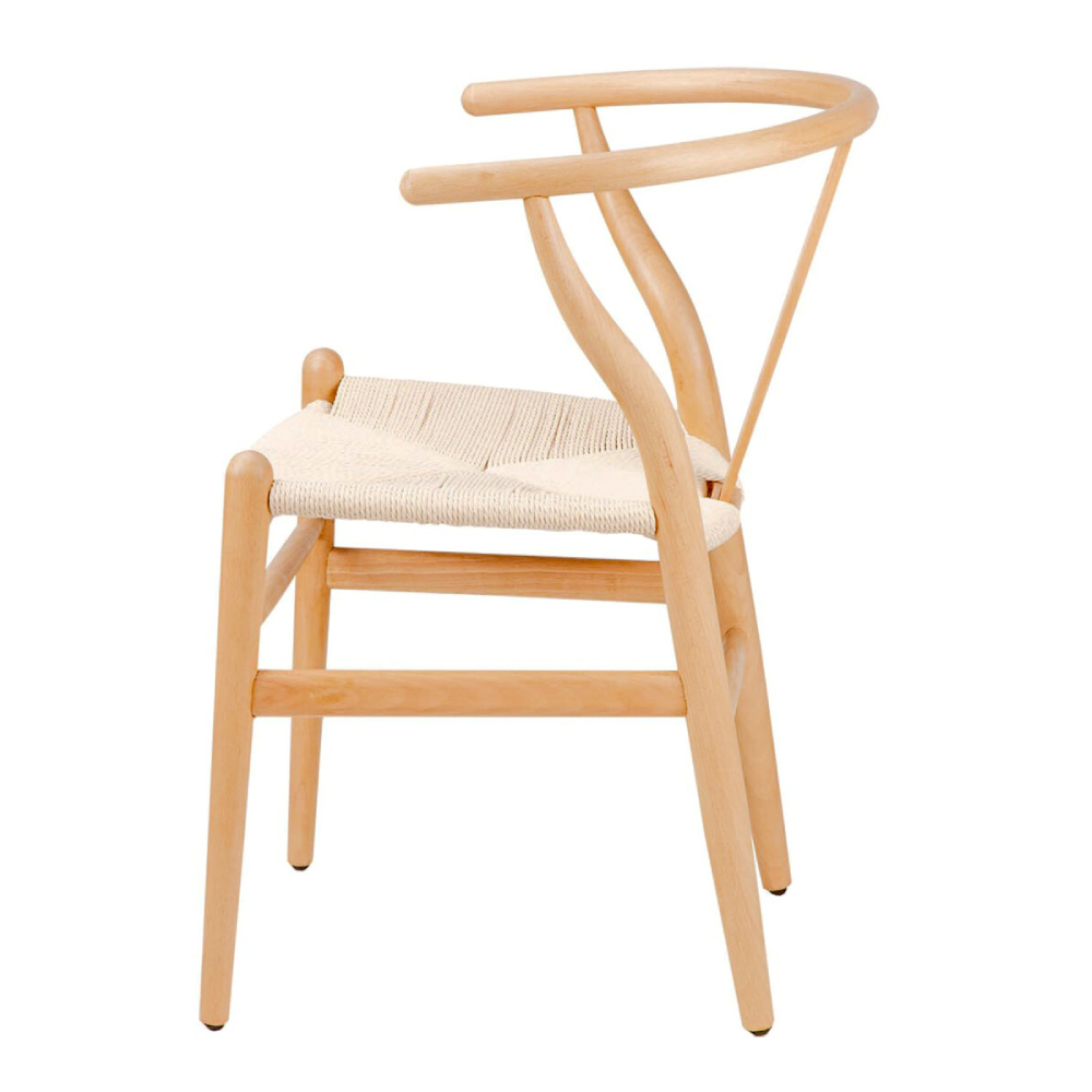 Cadeira com braços em madeira faia Wishbone Cadeira de madeira clara com assento entrelaçado e encosto curvo