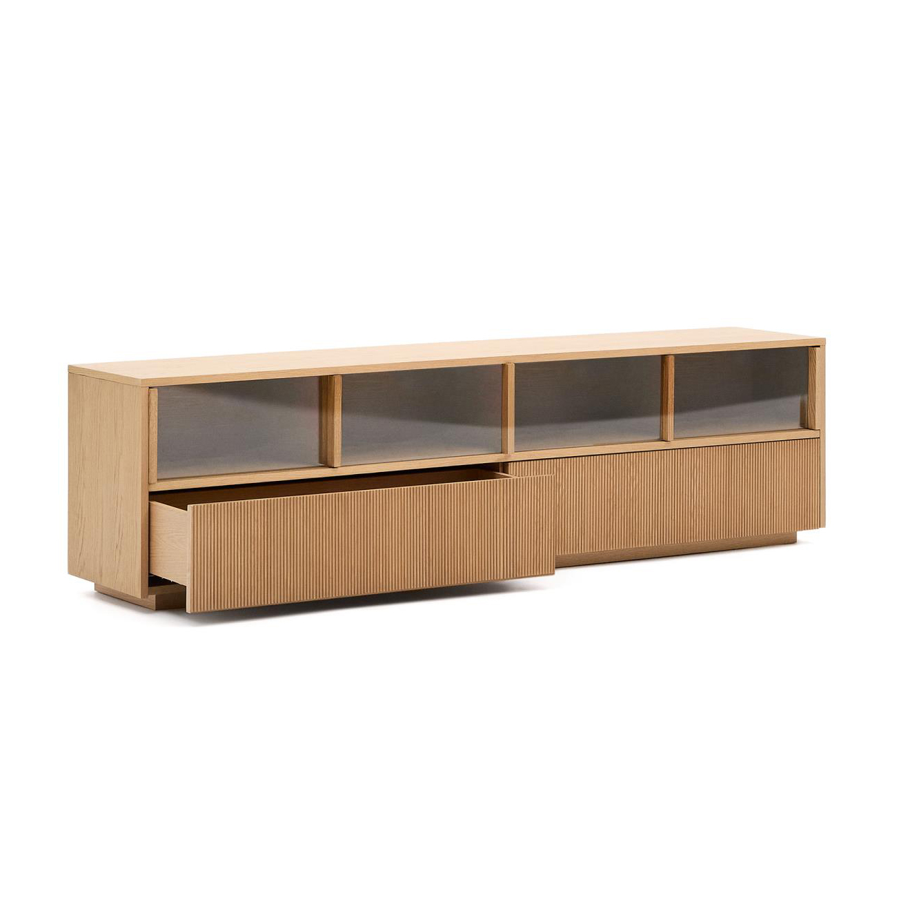 Móvel TV Helvi, madeira carvalho/vidro, 200x54 Aparador de madeira clara com gavetas e compartimentos abertos