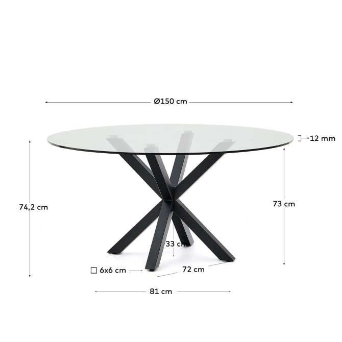 Mesa de jantar Arge, vidro/metal, Ø150X75 Mesa redonda de vidro com base metálica preta entrelaçada
