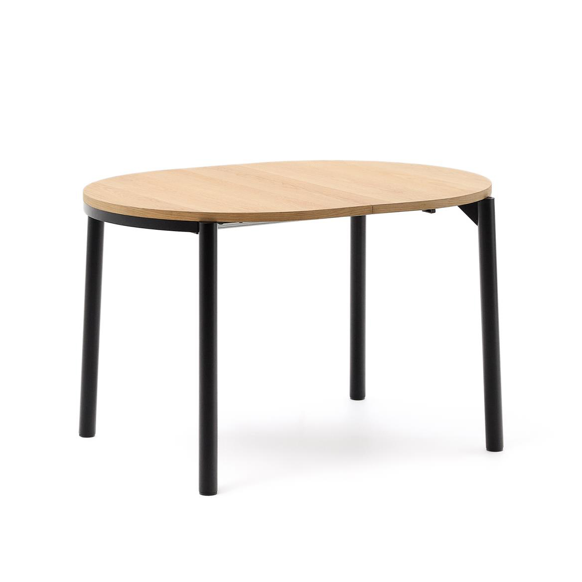 Mesa extensível Montiri, carvalho/metal, Ø120(200)x90 Mesa oval com tampo em madeira clara e pés pretos sobre fundo branco