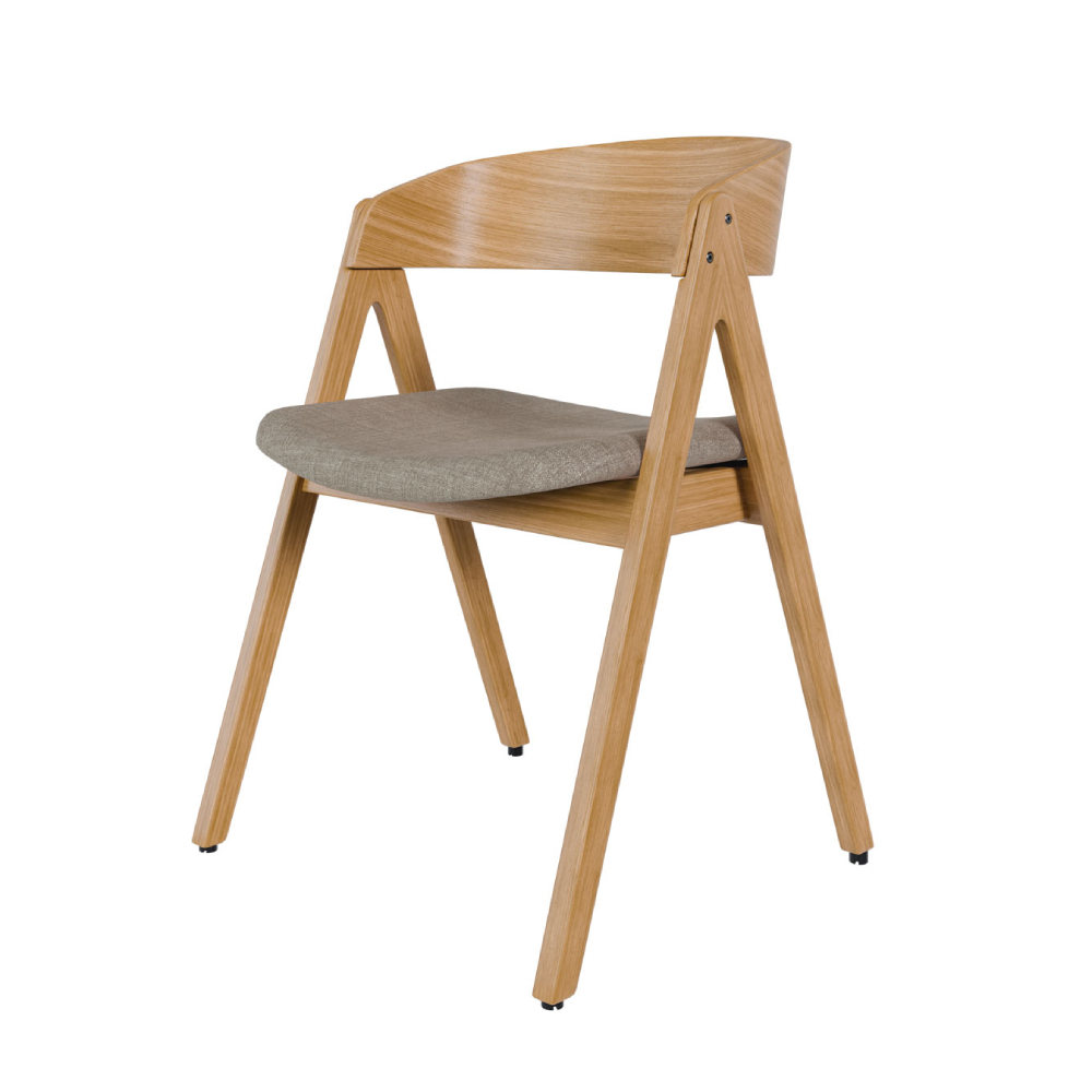 Cadeira estofada com braços em carvalho Rina Cadeira de madeira clara com assento estofado cinzento e design moderno