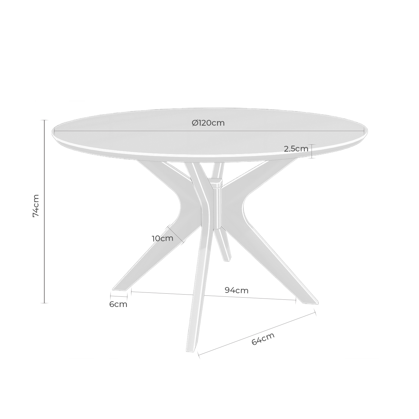 Mesa de jantar Carmel, madeira carvalho, Ø120x75 Desenho técnico de mesa redonda com medidas de dimensões em preto