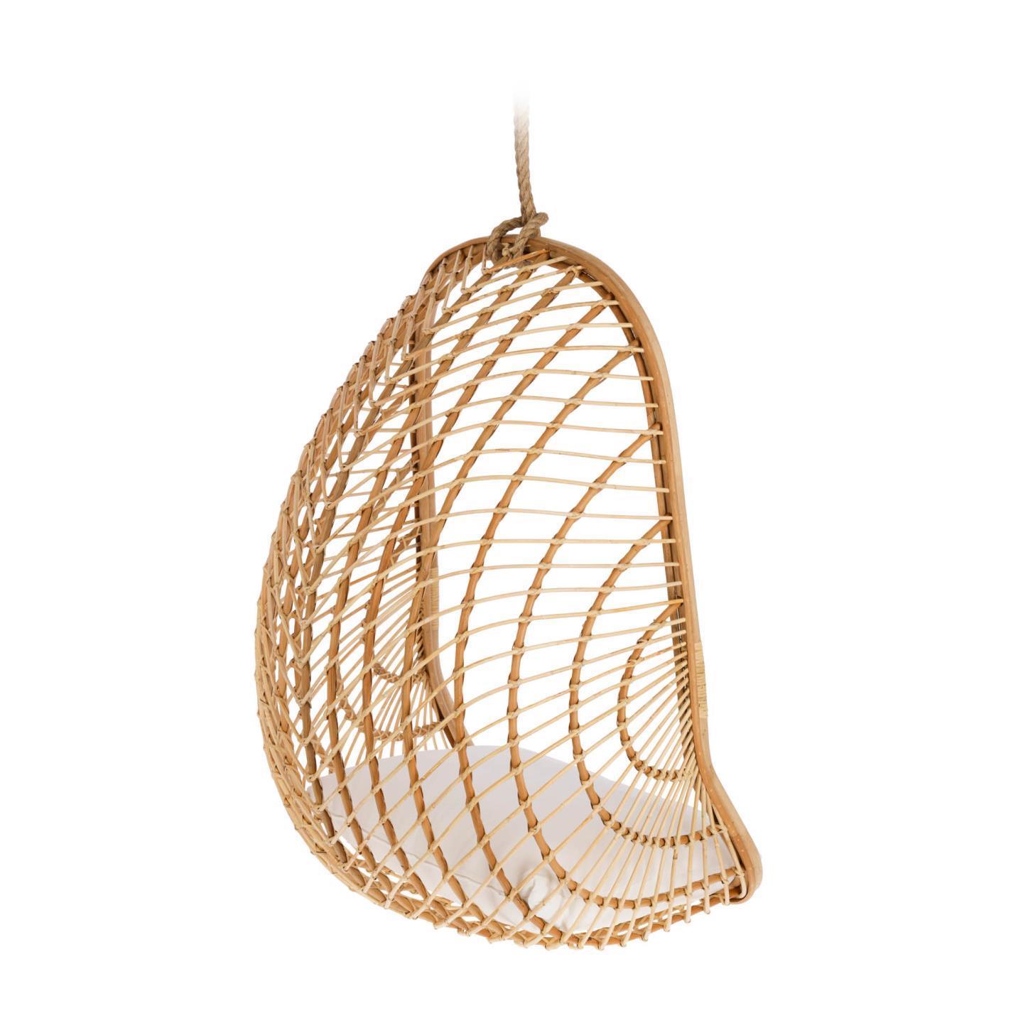 Cadeira suspensa Katerin, rattan natural Cadeira suspensa em rattan com almofada branca