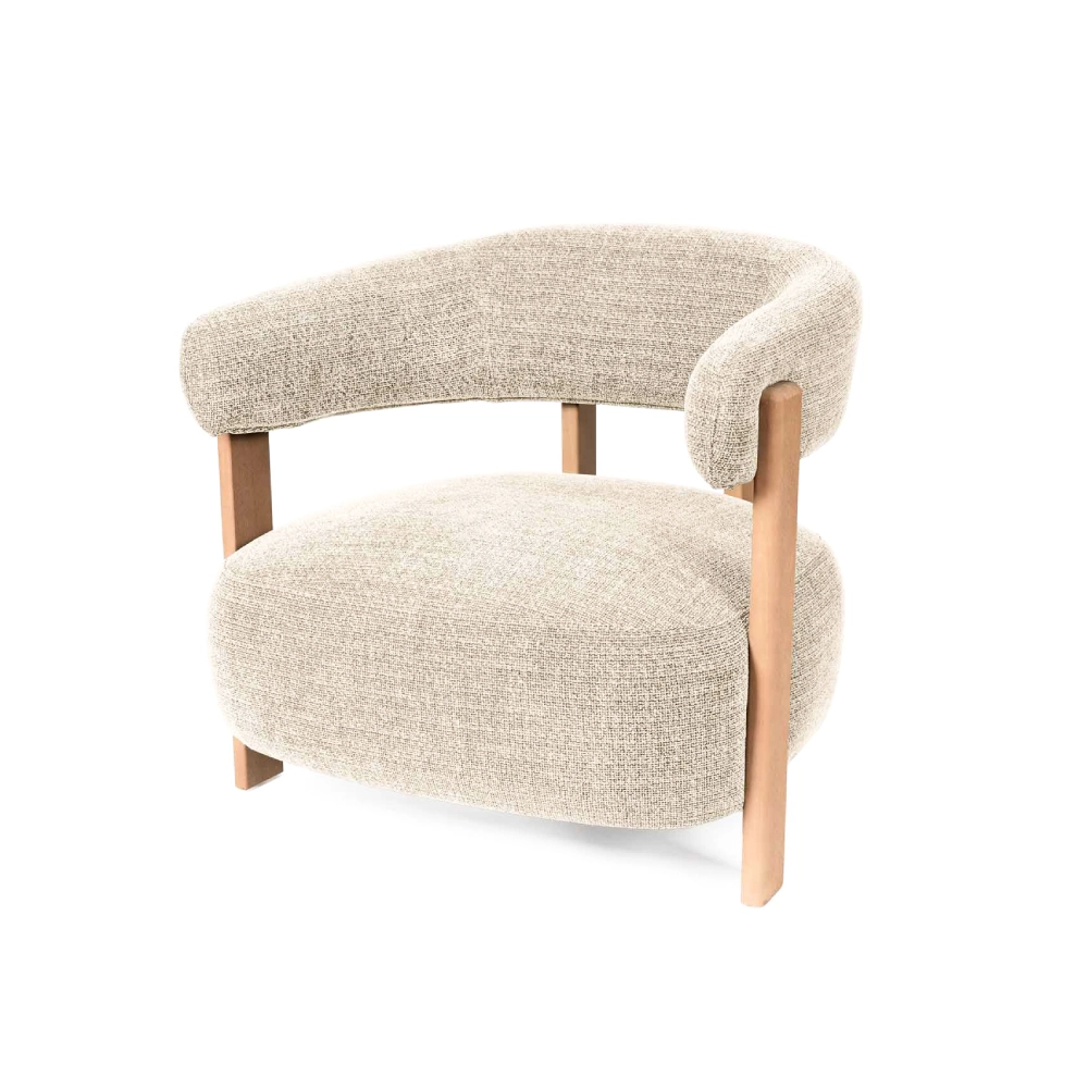 Cadeirão com braços madeira faia estofado Manila Poltrona bege claro com estrutura de madeira clara