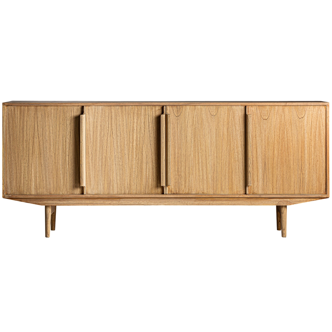 Aparador Niry, madeira mindi, 200x84 Aparador em madeira clara de quatro portas com puxadores integrados e pernas cilíndricas.