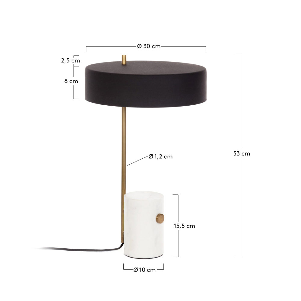 Candeeiro de Mesa em Mármore Phanton Candeeiro moderno preto, dourado e branco com dimensões visíveis