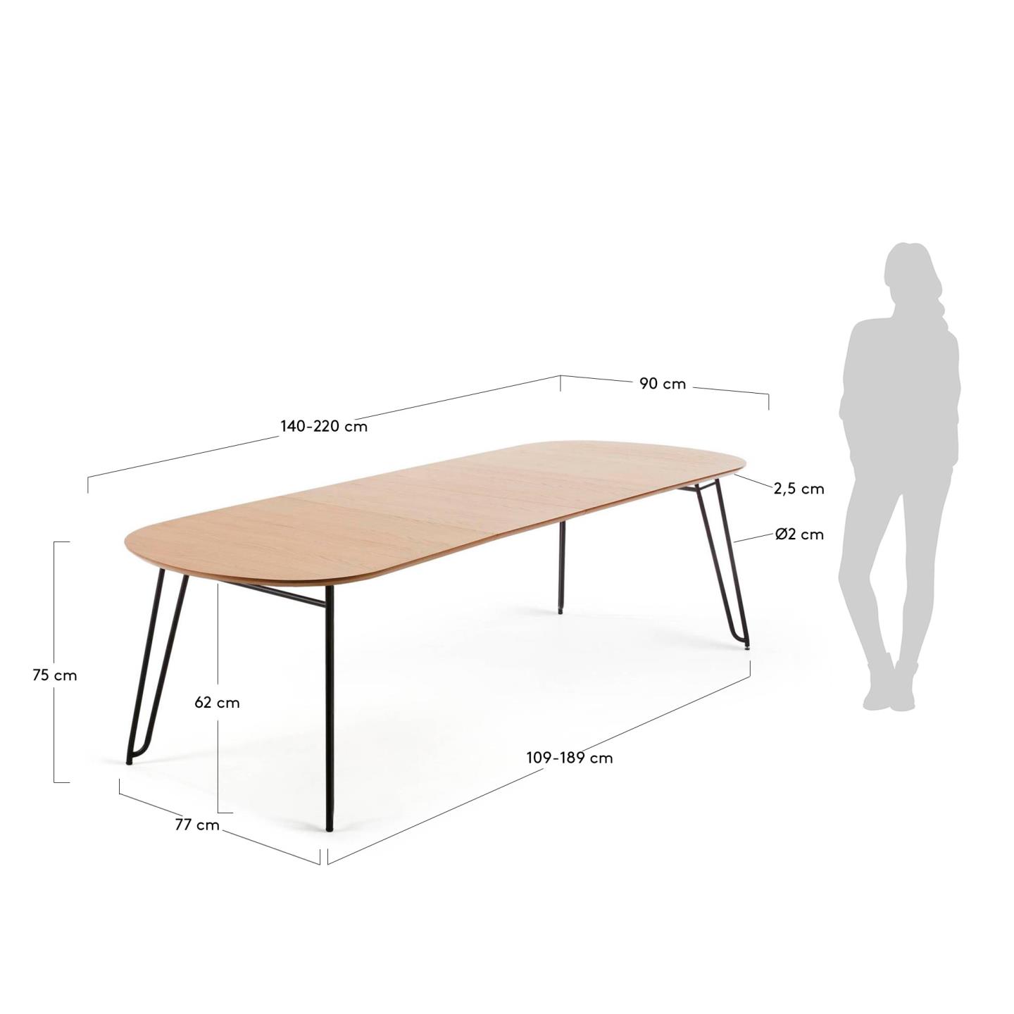 Mesa extensível Novic, carvalho/metal, 140(220)x90 Mesa de jantar extensível de madeira clara com pernas pretas e dimensões ajustáveis