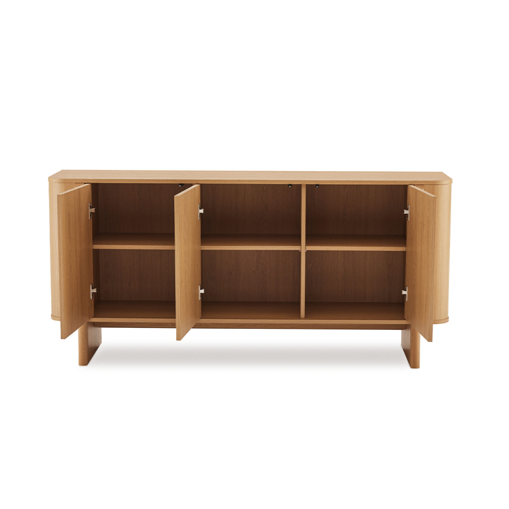 Aparador Sydney em MDF e Melamina 160x75 Aparador de madeira clara com portas abertas e prateleiras internas