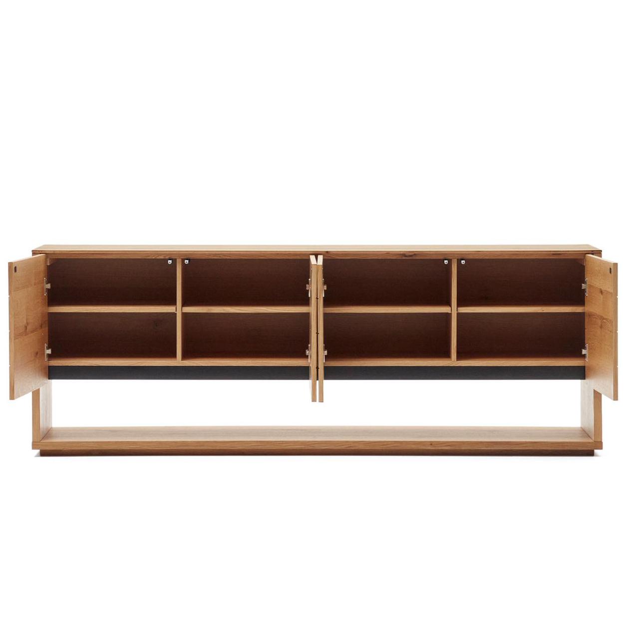 Aparador Alguam, madeira carvalho, 200x73 Aparador de madeira clara com portas abertas e prateleiras visíveis