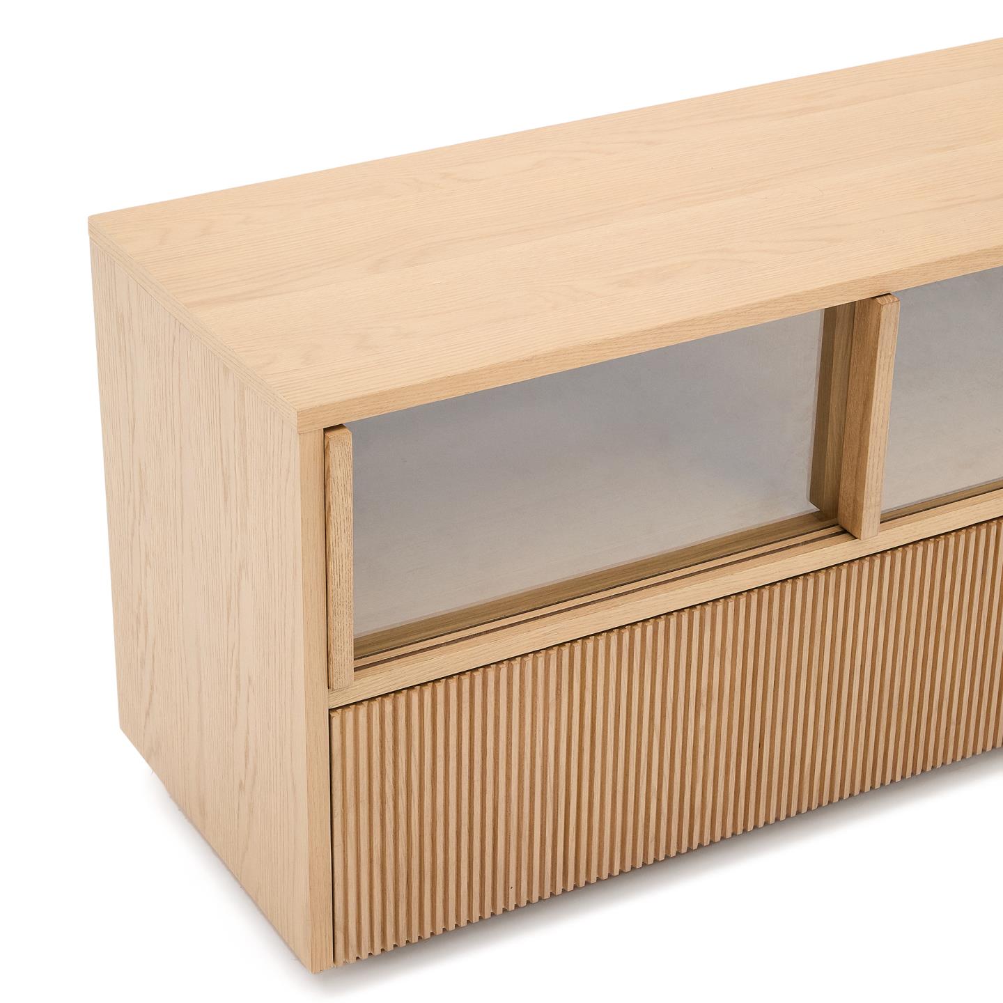 Móvel TV Helvi, madeira carvalho/vidro, 200x54 Móvel de madeira clara com portas de vidro fosco e padrão ranhurado inferior