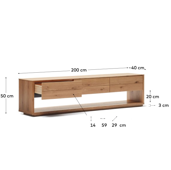 Móvel TV Alguam, madeira carvalho, 200x50 Móvel de madeira clara retangular com gavetas e prateleira inferior, com medidas em centímetros