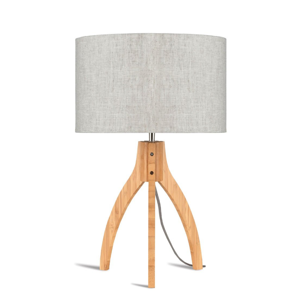 Candeeiro de Mesa em Madeira Bambu e Linho Annapurna Candeeiro de mesa com base de madeira clara e cúpula cinzenta de tecido