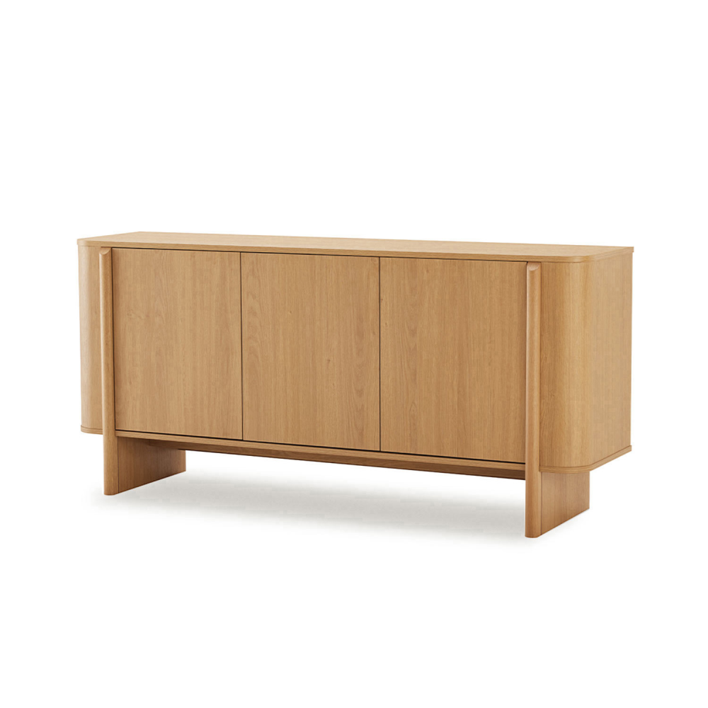 Aparador Sydney em MDF e Melamina 160x75 Aparador em madeira clara com três portas, cantos arredondados e base elevada