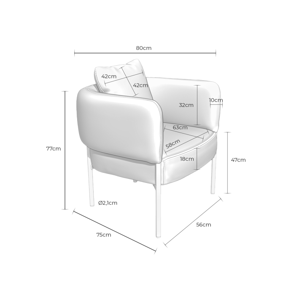 Cadeirão com braços estofado Agadir cadeira estofada branca com medidas em centímetros