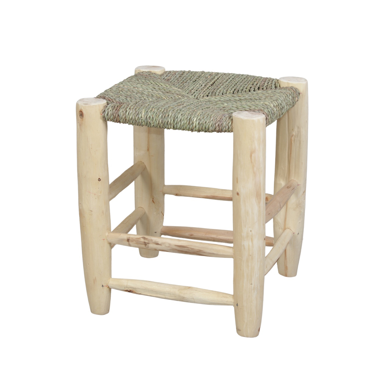 Banco de apoio Kandi, madeira/folha de palmeira Banco pequeno rústico em madeira clara com assento trançado verde
