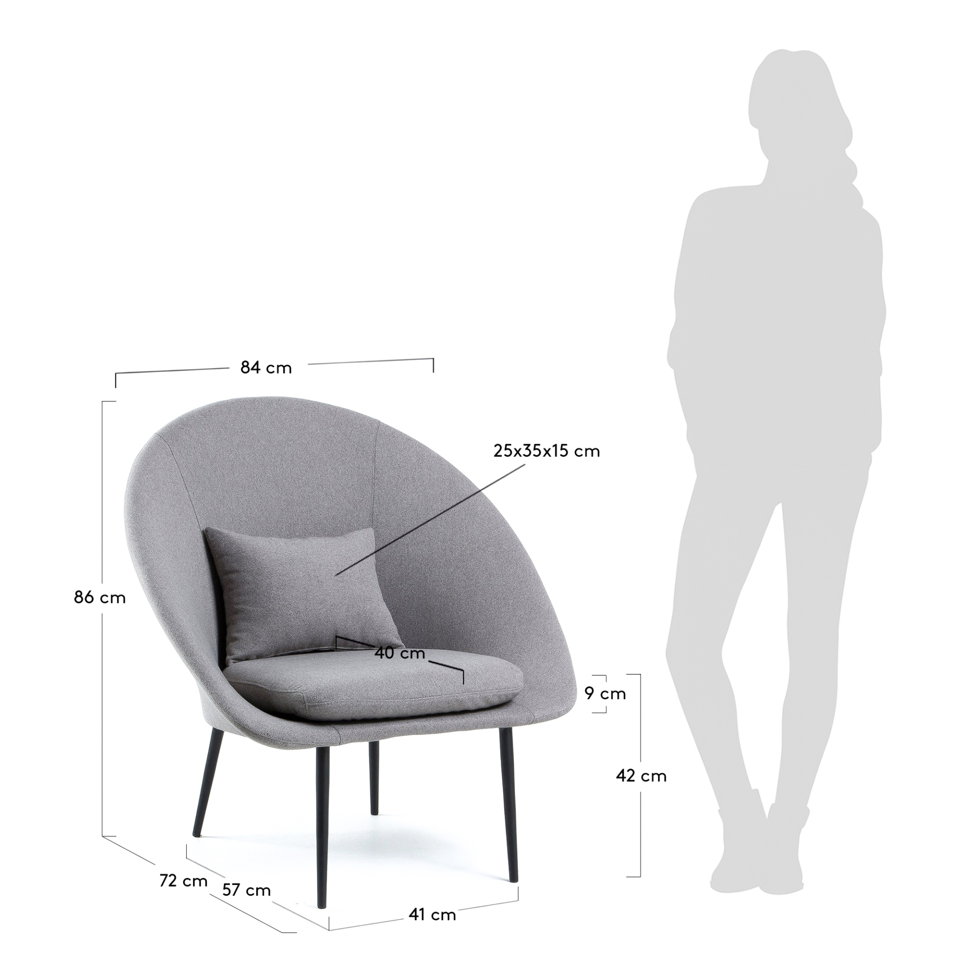 Poltrona Northdam, estofado, cinza Cadeira cinzenta de tecido com almofada e pernas pretas, com medidas indicadas ao lado de uma silhueta humana
