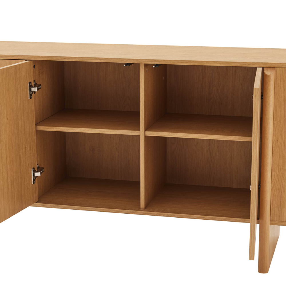 Aparador Sydney em MDF e Melamina 160x75 Móvel de madeira com portas abertas e compartimentos internos visíveis