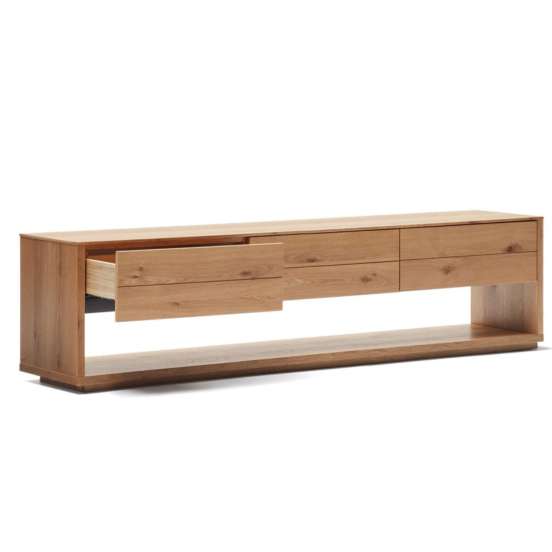 Móvel TV Alguam, madeira carvalho, 200x50 Móvel de apoio retangular em madeira clara com três gavetas e uma parcialmente aberta