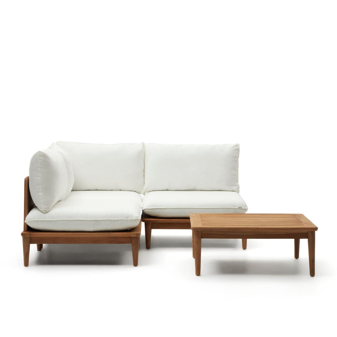 Conjunto Porto Rico, sofá 2 lugares, mesa, madeira teca Sofá canto branco com estrutura em madeira clara e mesa de centro de madeira